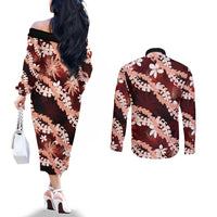 Puakenikeni Maile Lei Couples Matching Off The Shoulder Long Sleeve Dress and Long Sleeve Button Shirt Frangipani Red Tropical Leaves LT01 - Polynesian Pride