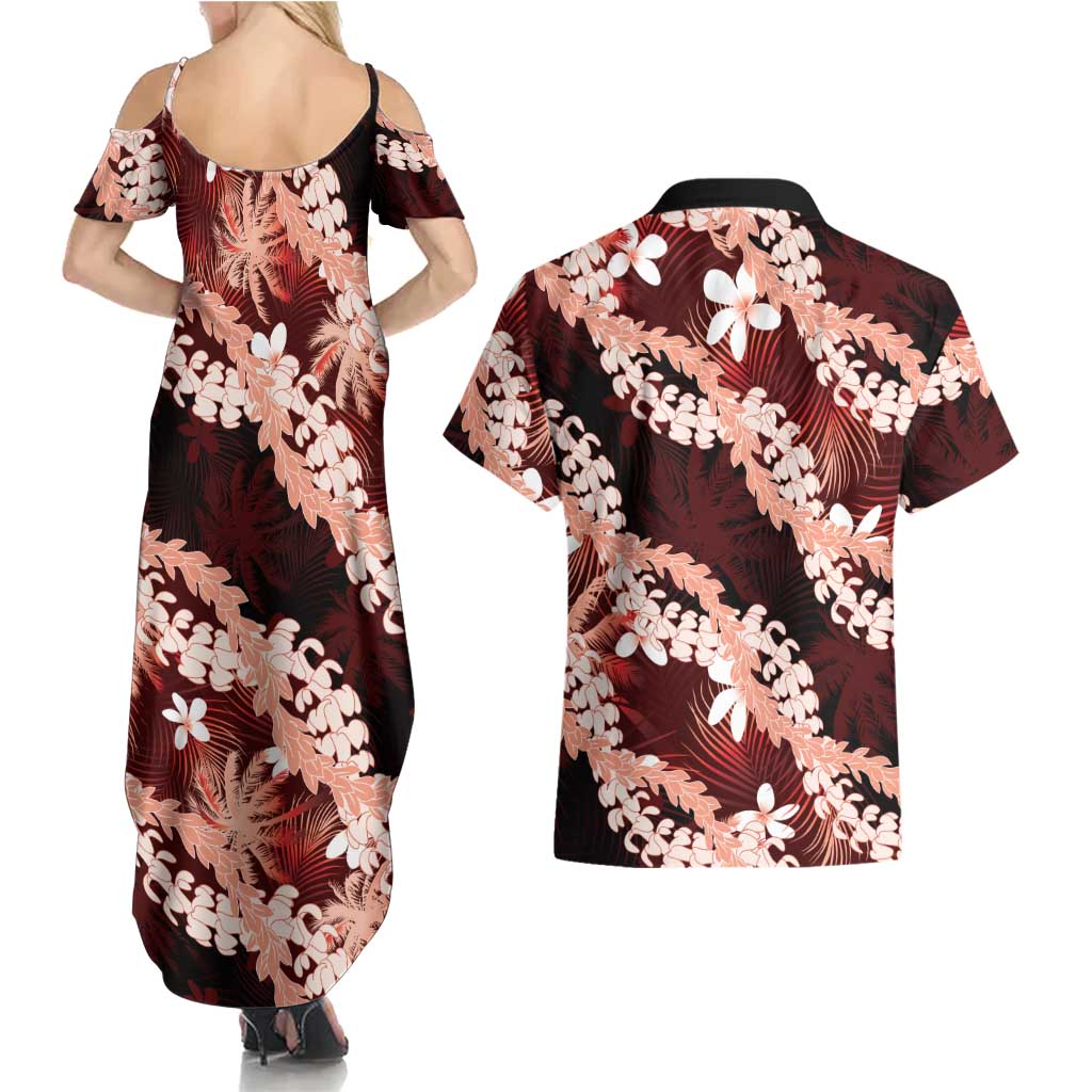 Puakenikeni Maile Lei Couples Matching Summer Maxi Dress and Hawaiian Shirt Frangipani Red Tropical Leaves LT01 - Polynesian Pride