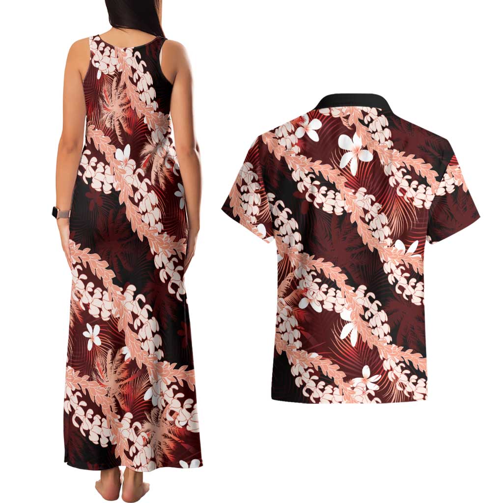 Puakenikeni Maile Lei Couples Matching Tank Maxi Dress and Hawaiian Shirt Frangipani Red Tropical Leaves LT01 - Polynesian Pride
