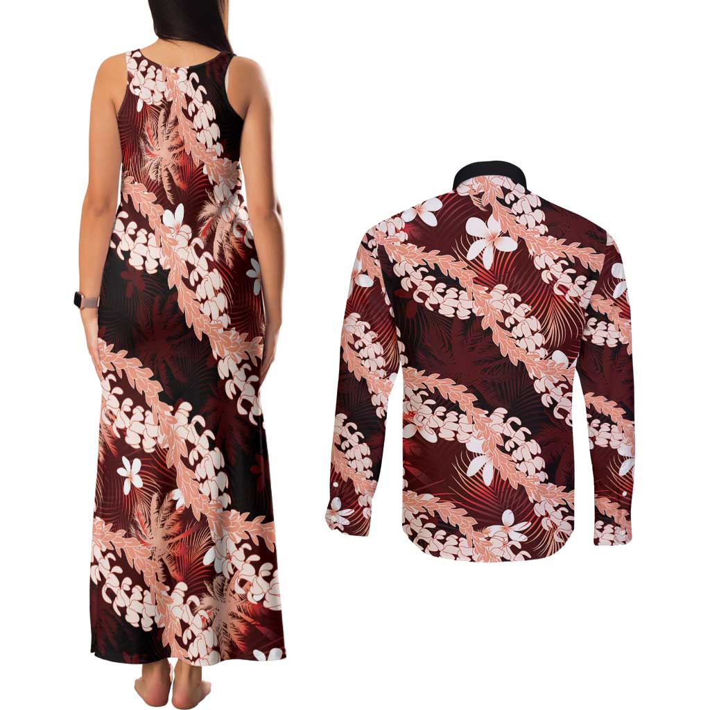 Puakenikeni Maile Lei Couples Matching Tank Maxi Dress and Long Sleeve Button Shirt Frangipani Red Tropical Leaves LT01 - Polynesian Pride