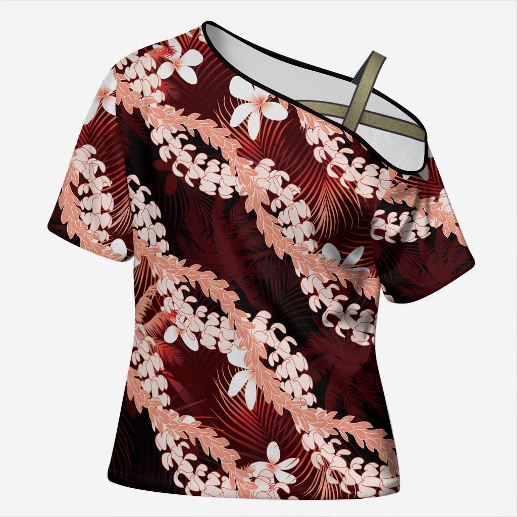Puakenikeni Maile Lei Cross Shoulder Shirt Frangipani Red Tropical Leaves