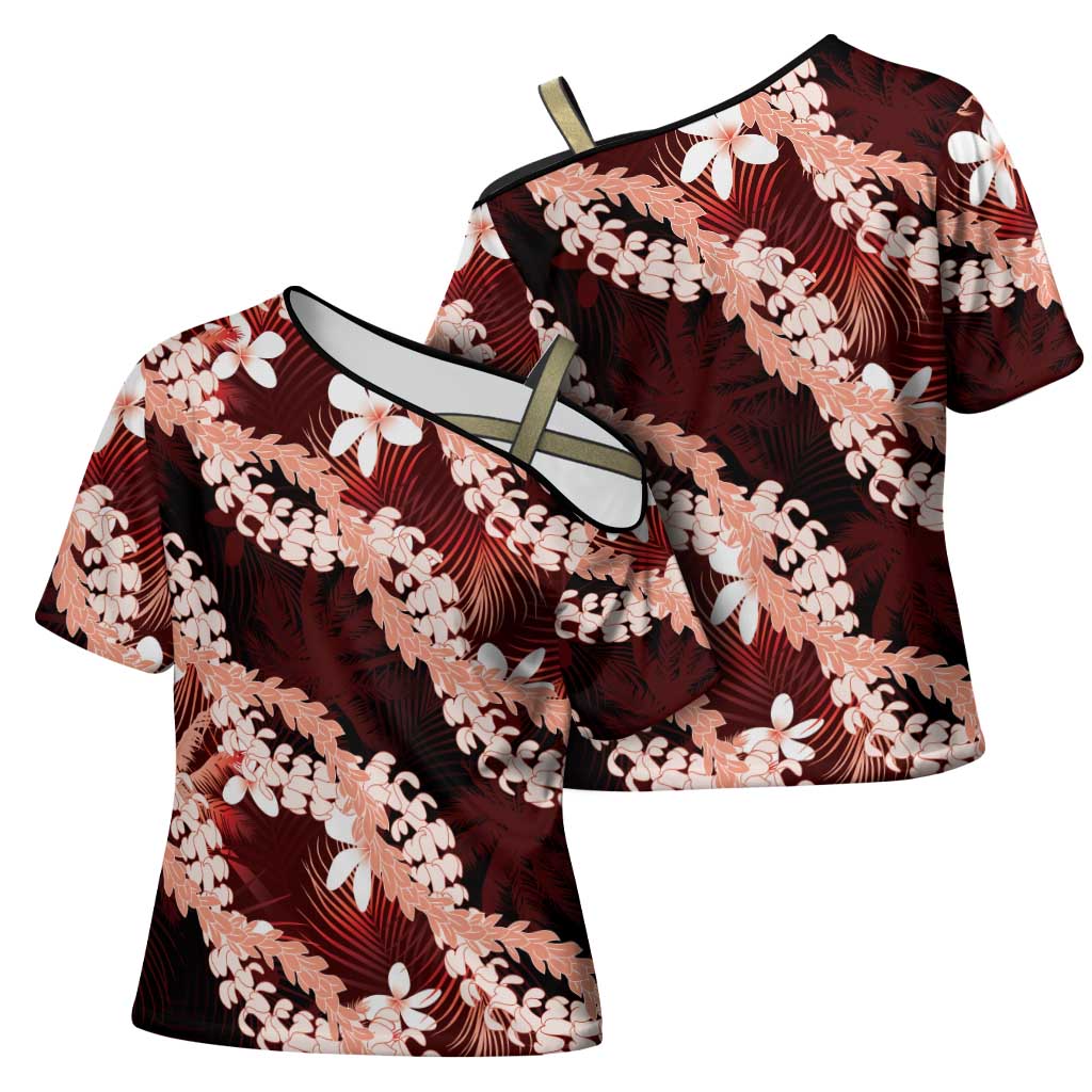 Puakenikeni Maile Lei Cross Shoulder Shirt Frangipani Red Tropical Leaves