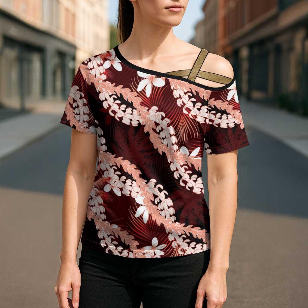 Puakenikeni Maile Lei Cross Shoulder Shirt Frangipani Red Tropical Leaves