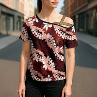 Puakenikeni Maile Lei Cross Shoulder Shirt Frangipani Red Tropical Leaves