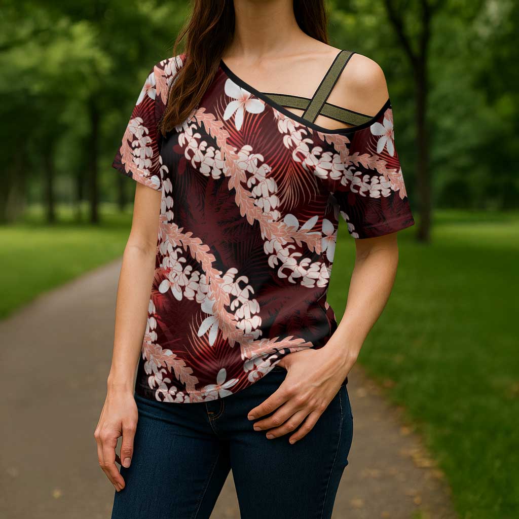 Puakenikeni Maile Lei Cross Shoulder Shirt Frangipani Red Tropical Leaves