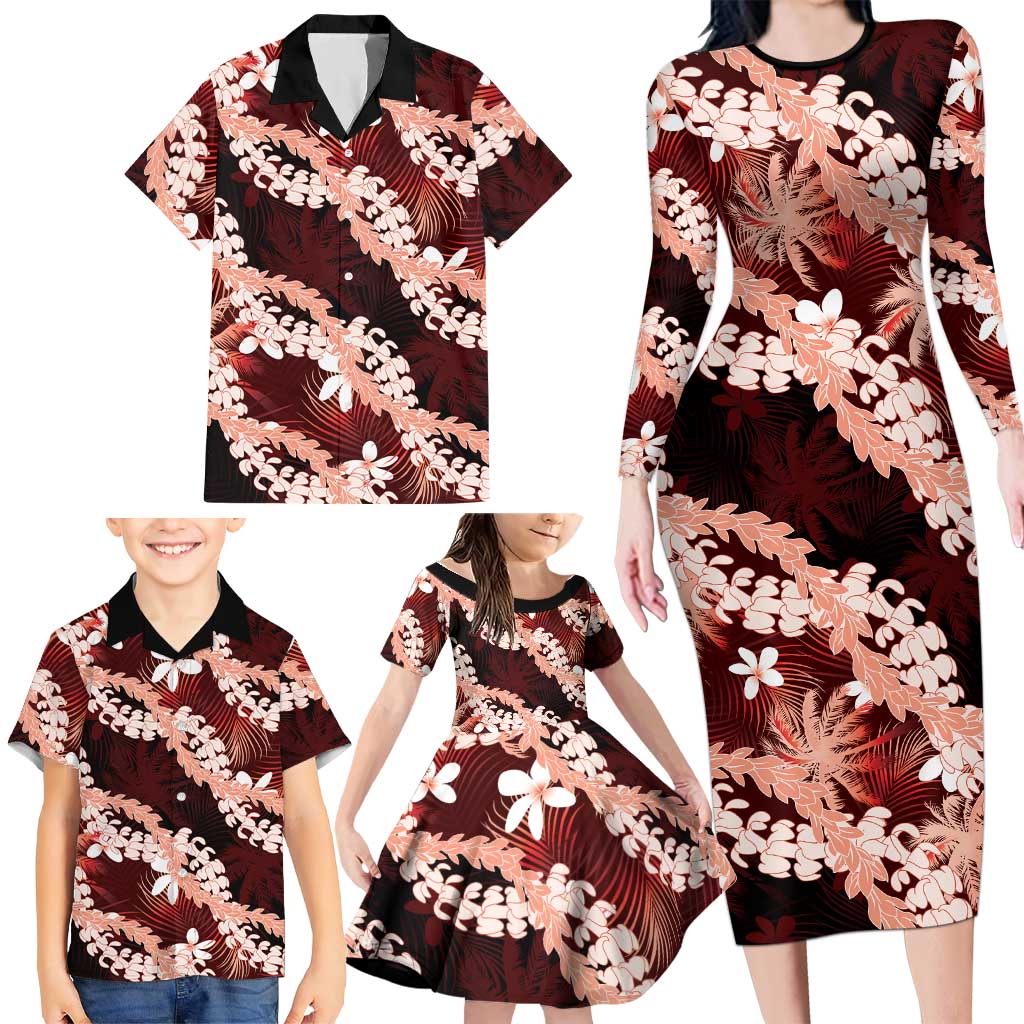 Puakenikeni Maile Lei Family Matching Long Sleeve Bodycon Dress and Hawaiian Shirt Frangipani Red Tropical Leaves LT01 - Polynesian Pride