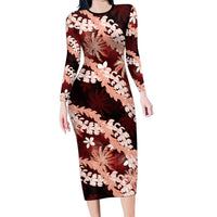 Puakenikeni Maile Lei Family Matching Long Sleeve Bodycon Dress and Hawaiian Shirt Frangipani Red Tropical Leaves LT01 Mom's Dress Red - Polynesian Pride