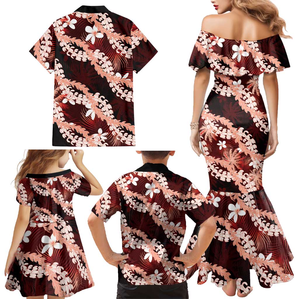 Puakenikeni Maile Lei Family Matching Mermaid Dress and Hawaiian Shirt Frangipani Red Tropical Leaves LT01 - Polynesian Pride