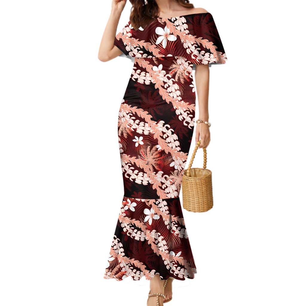 Puakenikeni Maile Lei Family Matching Mermaid Dress and Hawaiian Shirt Frangipani Red Tropical Leaves LT01 Mom's Dress Red - Polynesian Pride