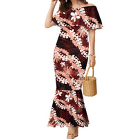 Puakenikeni Maile Lei Family Matching Mermaid Dress and Hawaiian Shirt Frangipani Red Tropical Leaves LT01 Mom's Dress Red - Polynesian Pride