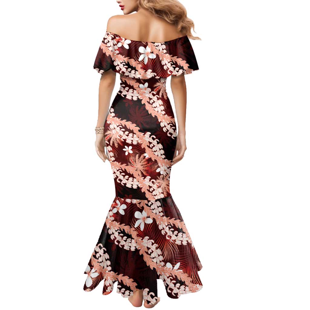 Puakenikeni Maile Lei Family Matching Mermaid Dress and Hawaiian Shirt Frangipani Red Tropical Leaves LT01 - Polynesian Pride