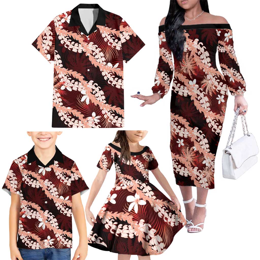 Puakenikeni Maile Lei Family Matching Off The Shoulder Long Sleeve Dress and Hawaiian Shirt Frangipani Red Tropical Leaves LT01 - Polynesian Pride