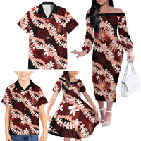 Puakenikeni Maile Lei Family Matching Off The Shoulder Long Sleeve Dress and Hawaiian Shirt Frangipani Red Tropical Leaves LT01 - Polynesian Pride