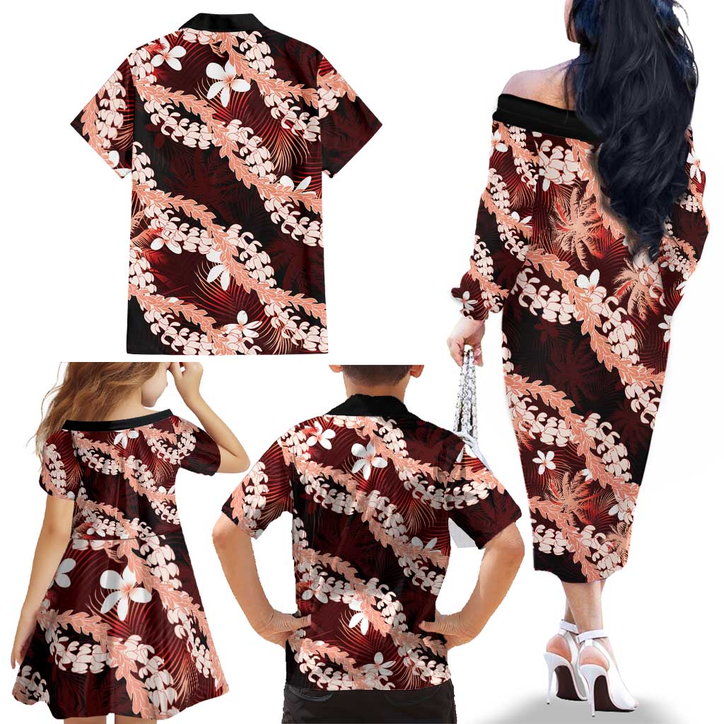 Puakenikeni Maile Lei Family Matching Off The Shoulder Long Sleeve Dress and Hawaiian Shirt Frangipani Red Tropical Leaves LT01 - Polynesian Pride
