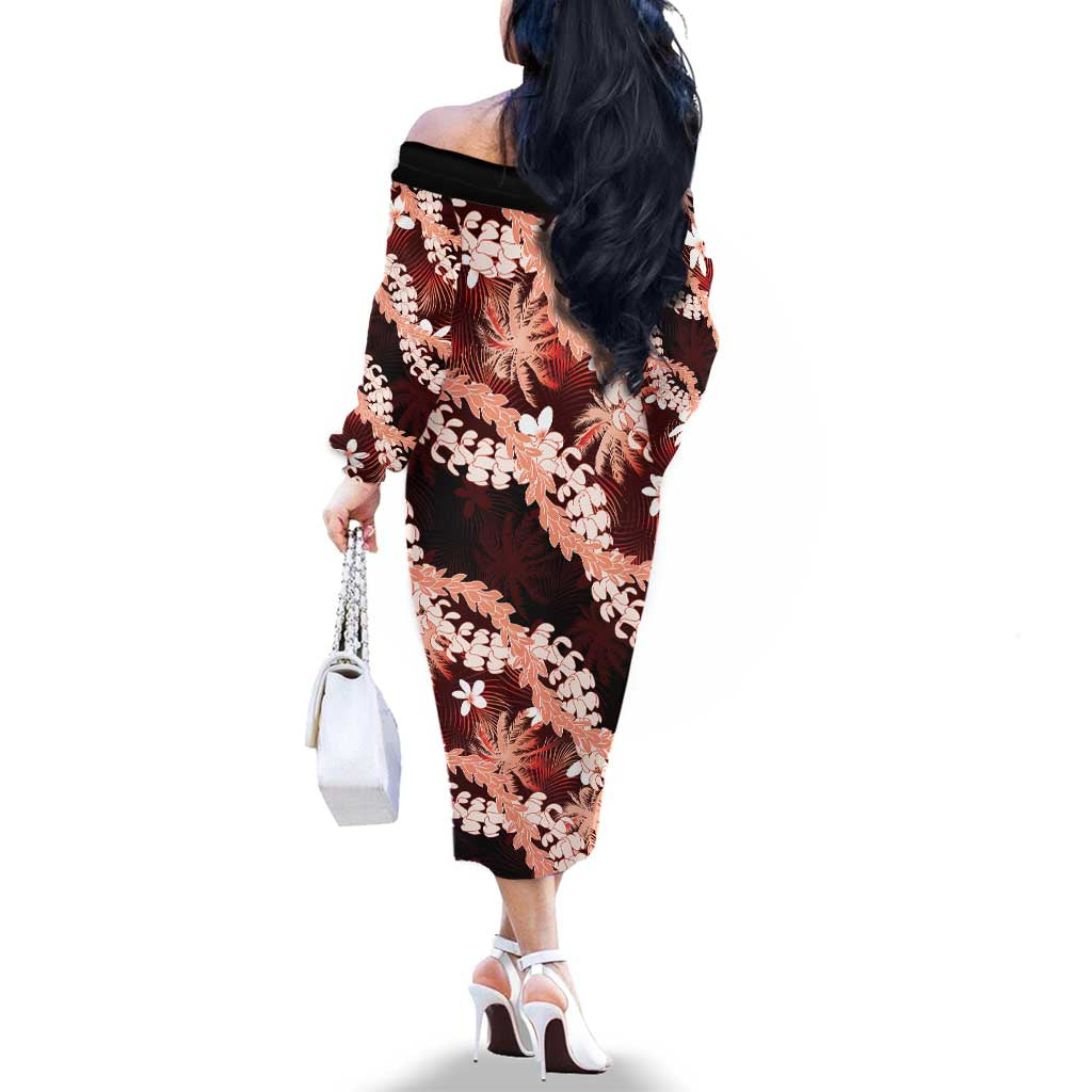 Puakenikeni Maile Lei Family Matching Off The Shoulder Long Sleeve Dress and Hawaiian Shirt Frangipani Red Tropical Leaves LT01 - Polynesian Pride