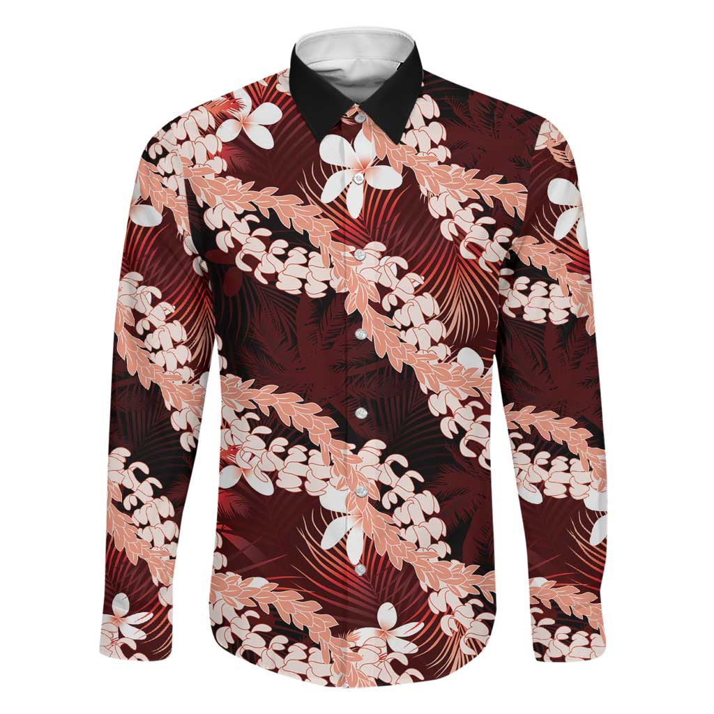 Puakenikeni Maile Lei Family Matching Off Shoulder Maxi Dress and Hawaiian Shirt Frangipani Red Tropical Leaves LT01 Dad's Shirt - Long Sleeve Red - Polynesian Pride