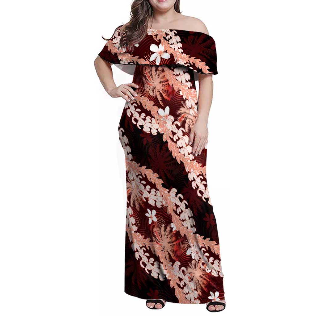 Puakenikeni Maile Lei Family Matching Off Shoulder Maxi Dress and Hawaiian Shirt Frangipani Red Tropical Leaves LT01 Mom's Dress Red - Polynesian Pride