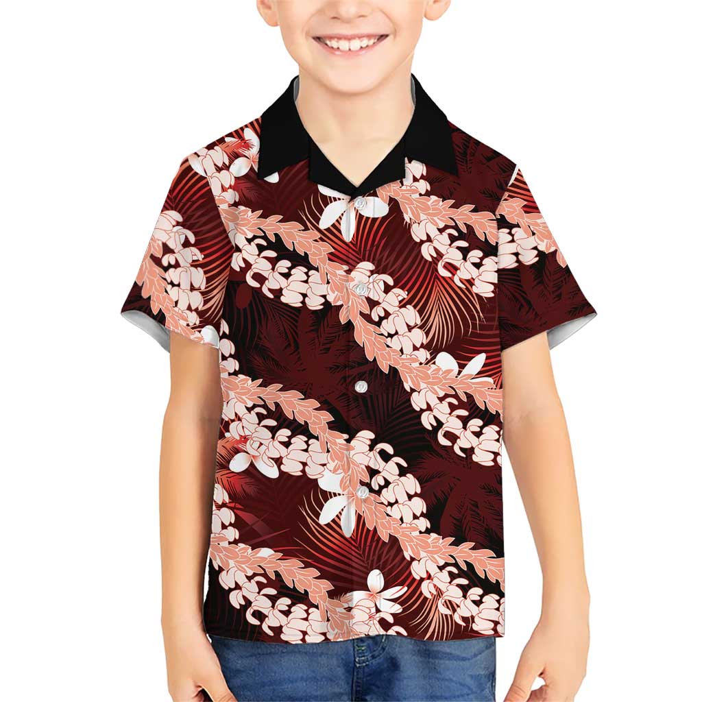 Puakenikeni Maile Lei Family Matching Off Shoulder Maxi Dress and Hawaiian Shirt Frangipani Red Tropical Leaves LT01 Son's Shirt Red - Polynesian Pride