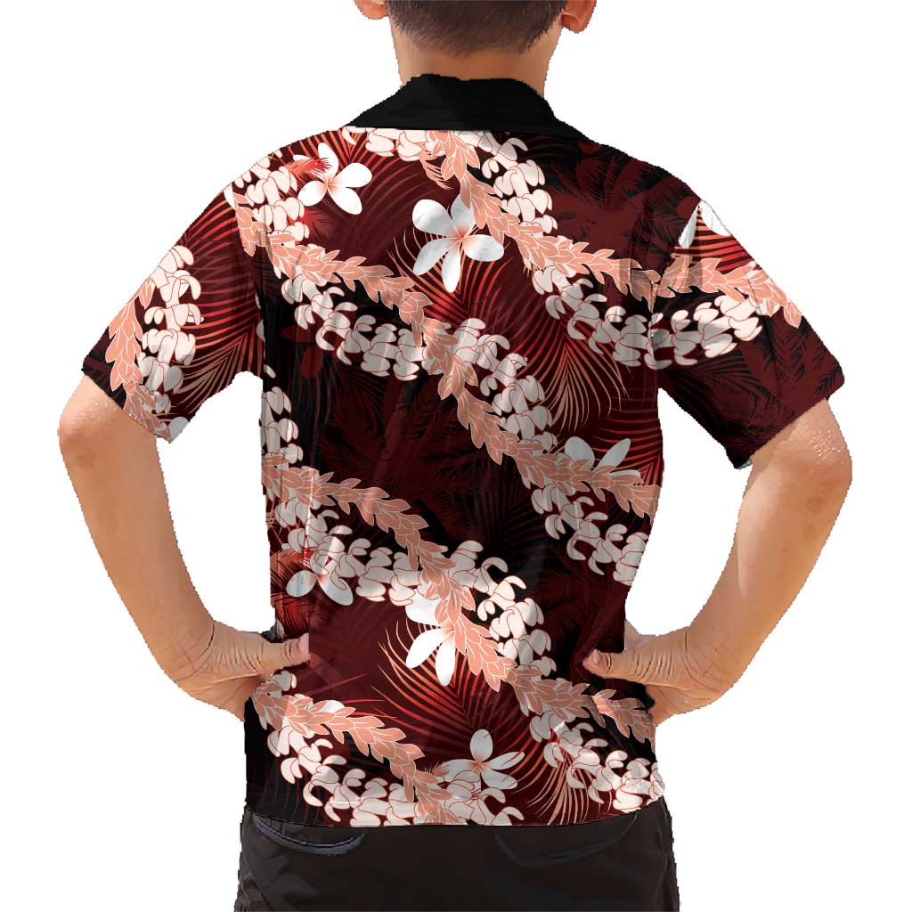 Puakenikeni Maile Lei Family Matching Off Shoulder Short Dress and Hawaiian Shirt Frangipani Red Tropical Leaves LT01 - Polynesian Pride