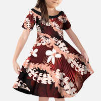 Puakenikeni Maile Lei Family Matching Short Sleeve Bodycon Dress and Hawaiian Shirt Frangipani Red Tropical Leaves LT01 Daughter's Dress Red - Polynesian Pride