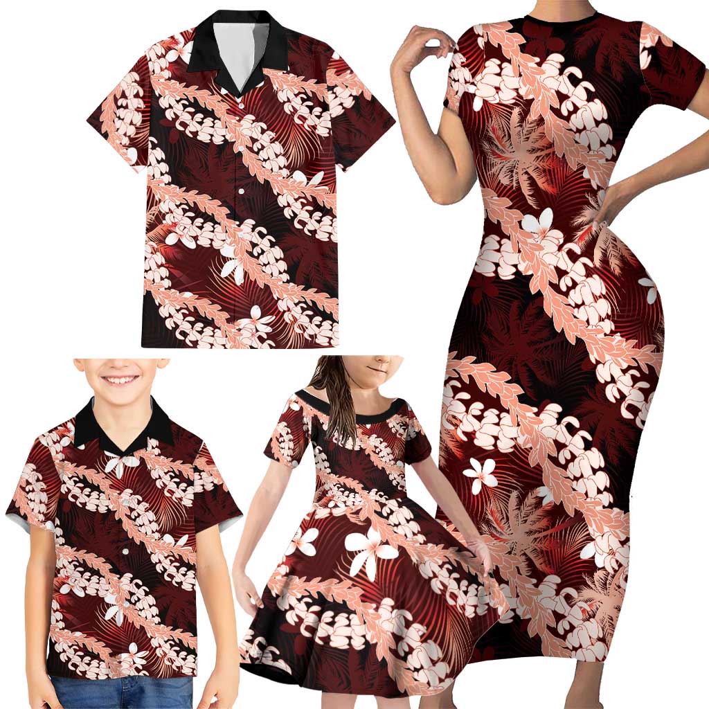 Puakenikeni Maile Lei Family Matching Short Sleeve Bodycon Dress and Hawaiian Shirt Frangipani Red Tropical Leaves LT01 - Polynesian Pride
