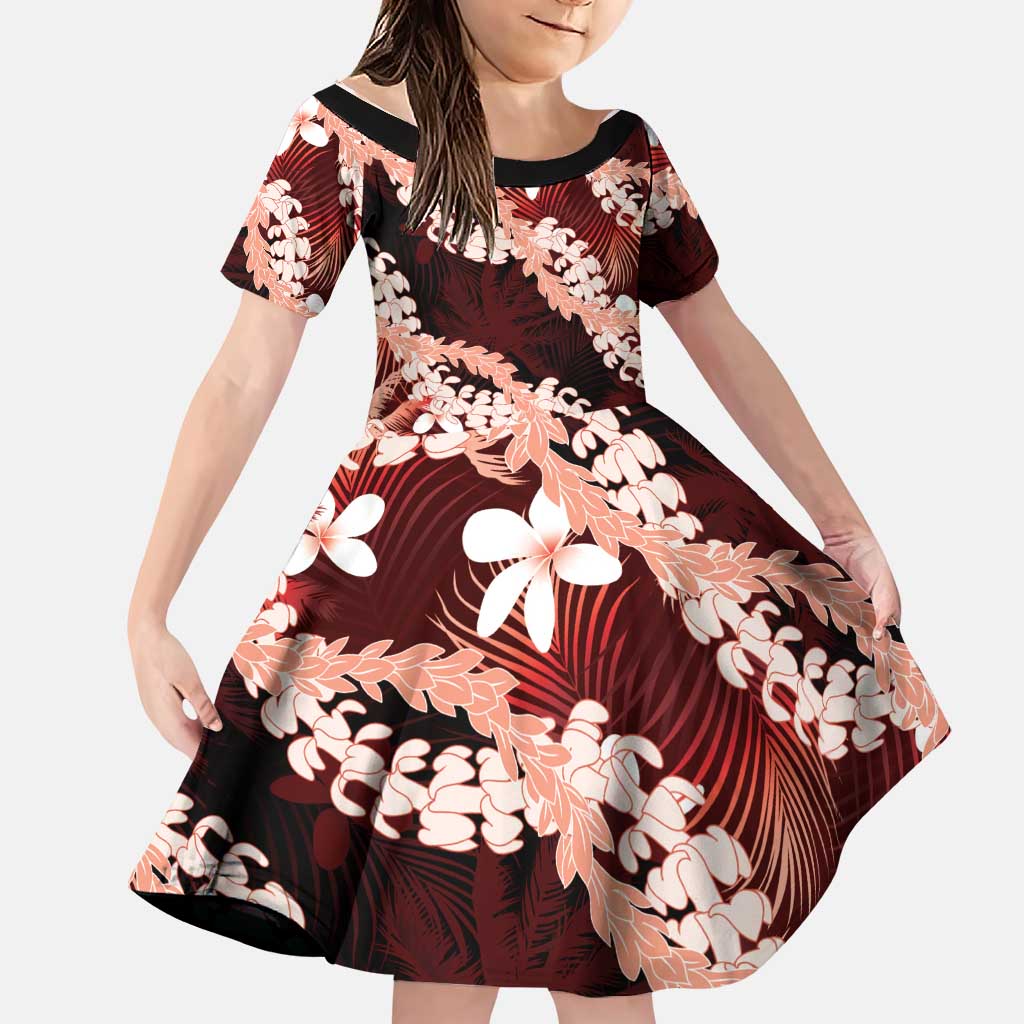 Puakenikeni Maile Lei Family Matching Summer Maxi Dress and Hawaiian Shirt Frangipani Red Tropical Leaves LT01 Daughter's Dress Red - Polynesian Pride