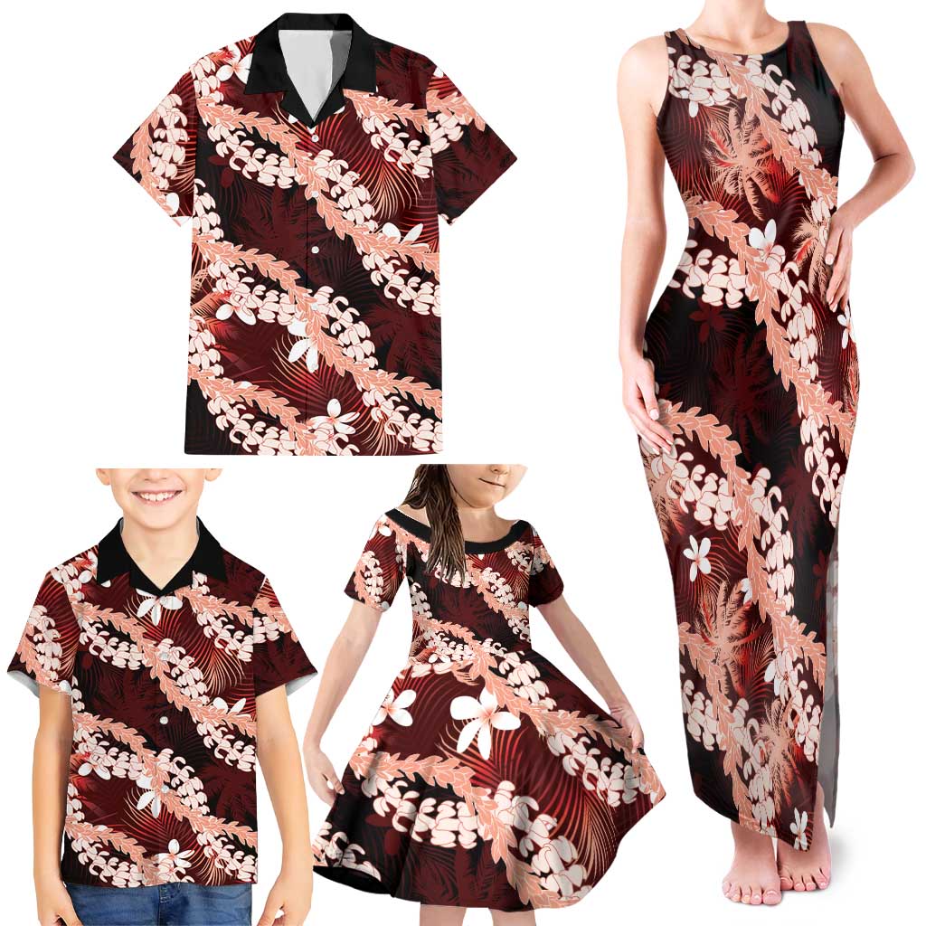 Puakenikeni Maile Lei Family Matching Tank Maxi Dress and Hawaiian Shirt Frangipani Red Tropical Leaves