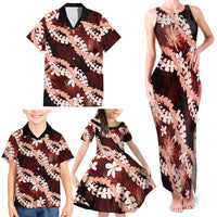 Puakenikeni Maile Lei Family Matching Tank Maxi Dress and Hawaiian Shirt Frangipani Red Tropical Leaves LT01 - Polynesian Pride