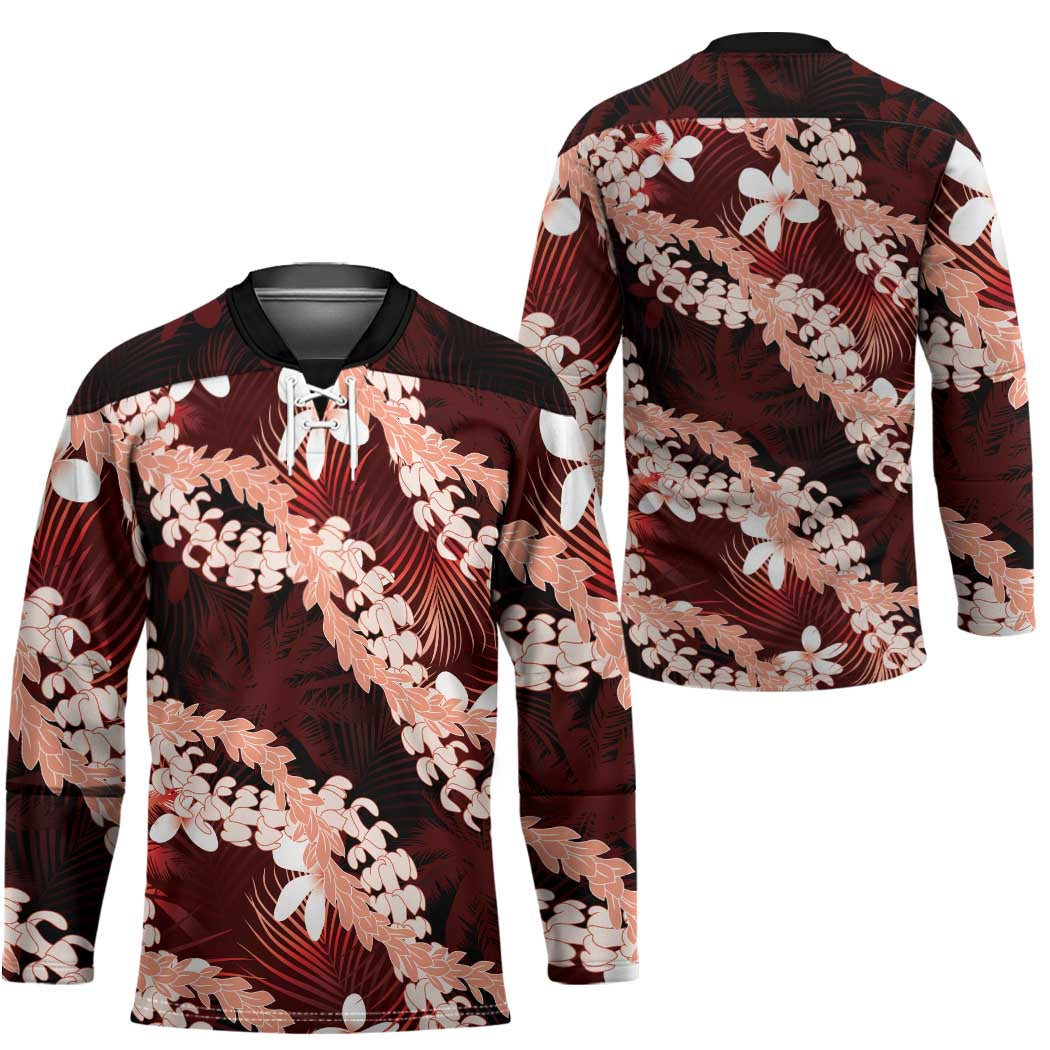 Puakenikeni Maile Lei Hockey Jersey Frangipani Red Tropical Leaves
