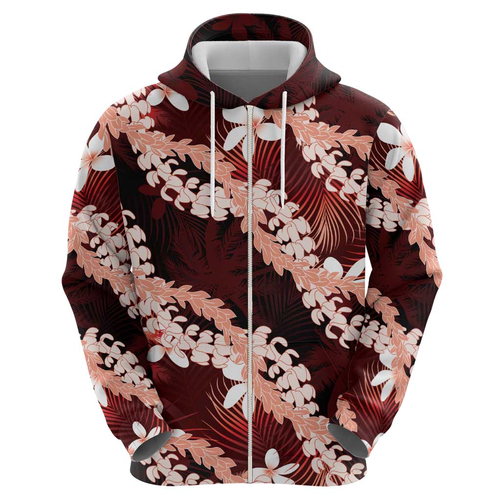 Puakenikeni Maile Lei Hoodie Frangipani Red Tropical Leaves