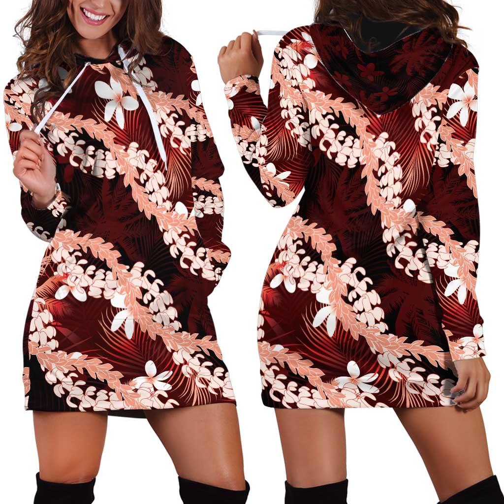Puakenikeni Maile Lei Hoodie Dress Frangipani Red Tropical Leaves