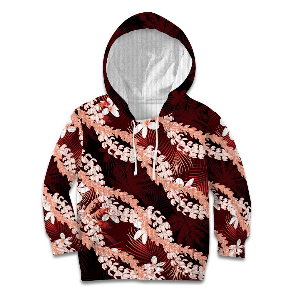 Puakenikeni Maile Lei Kid Hoodie Frangipani Red Tropical Leaves