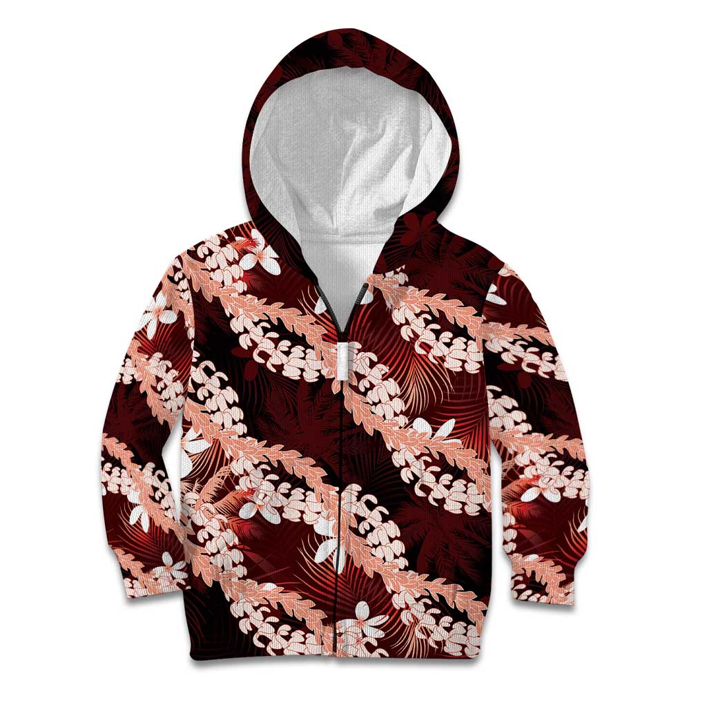 Puakenikeni Maile Lei Kid Hoodie Frangipani Red Tropical Leaves