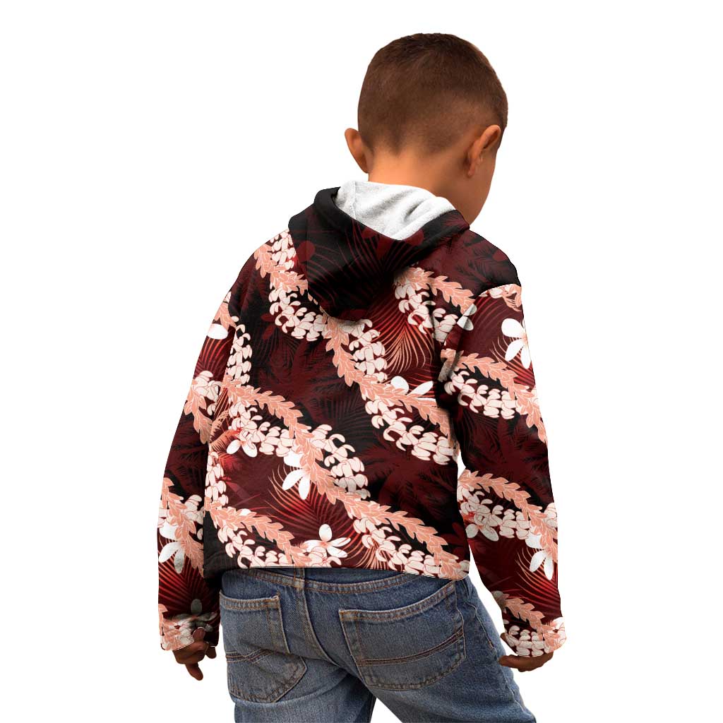 Puakenikeni Maile Lei Kid Hoodie Frangipani Red Tropical Leaves