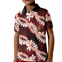 Puakenikeni Maile Lei Kid Polo Shirt Frangipani Red Tropical Leaves