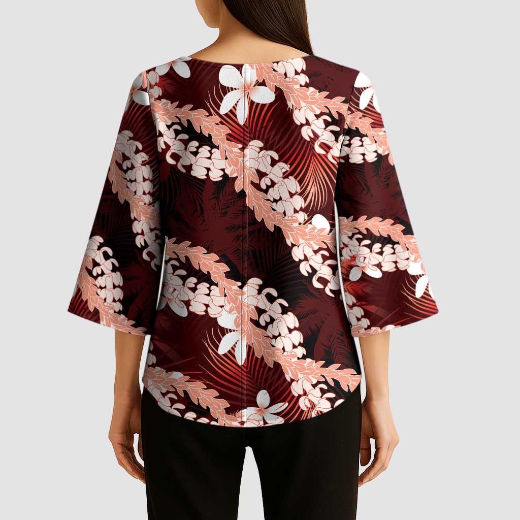 Puakenikeni Maile Lei Kimono Sleeve Blouse Frangipani Red Tropical Leaves