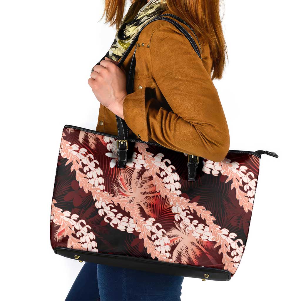 Puakenikeni Maile Lei Leather Tote Bag Frangipani Red Tropical Leaves