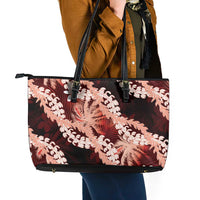 Puakenikeni Maile Lei Leather Tote Bag Frangipani Red Tropical Leaves