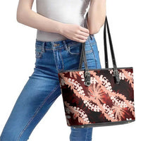 Puakenikeni Maile Lei Leather Tote Bag Frangipani Red Tropical Leaves