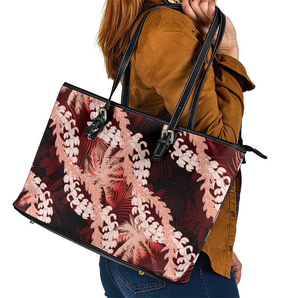 Puakenikeni Maile Lei Leather Tote Bag Frangipani Red Tropical Leaves