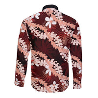 Puakenikeni Maile Lei Long Sleeve Button Shirt Frangipani Red Tropical Leaves