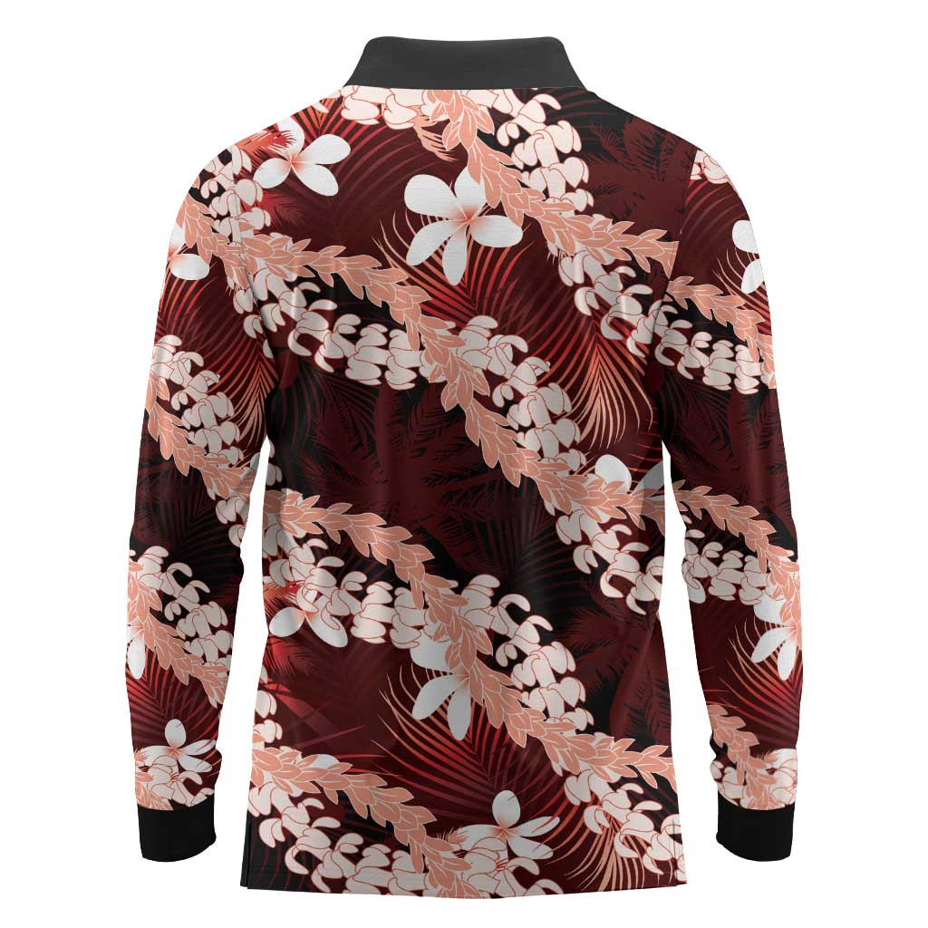 Puakenikeni Maile Lei Long Sleeve Polo Shirt Frangipani Red Tropical Leaves