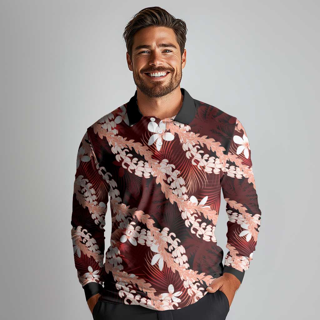 Puakenikeni Maile Lei Long Sleeve Polo Shirt Frangipani Red Tropical Leaves