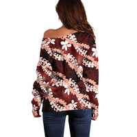 Puakenikeni Maile Lei Off Shoulder Sweater Frangipani Red Tropical Leaves