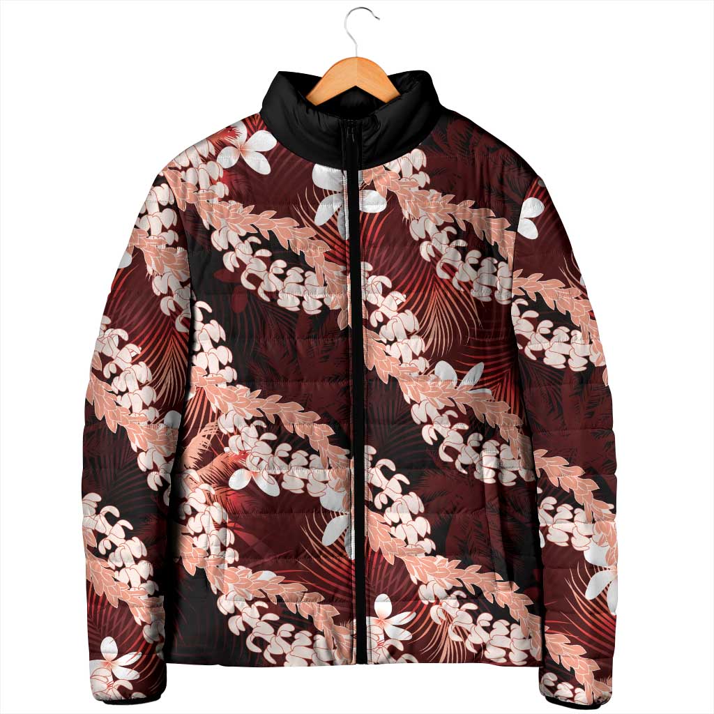 Puakenikeni Maile Lei Padded Jacket Frangipani Red Tropical Leaves