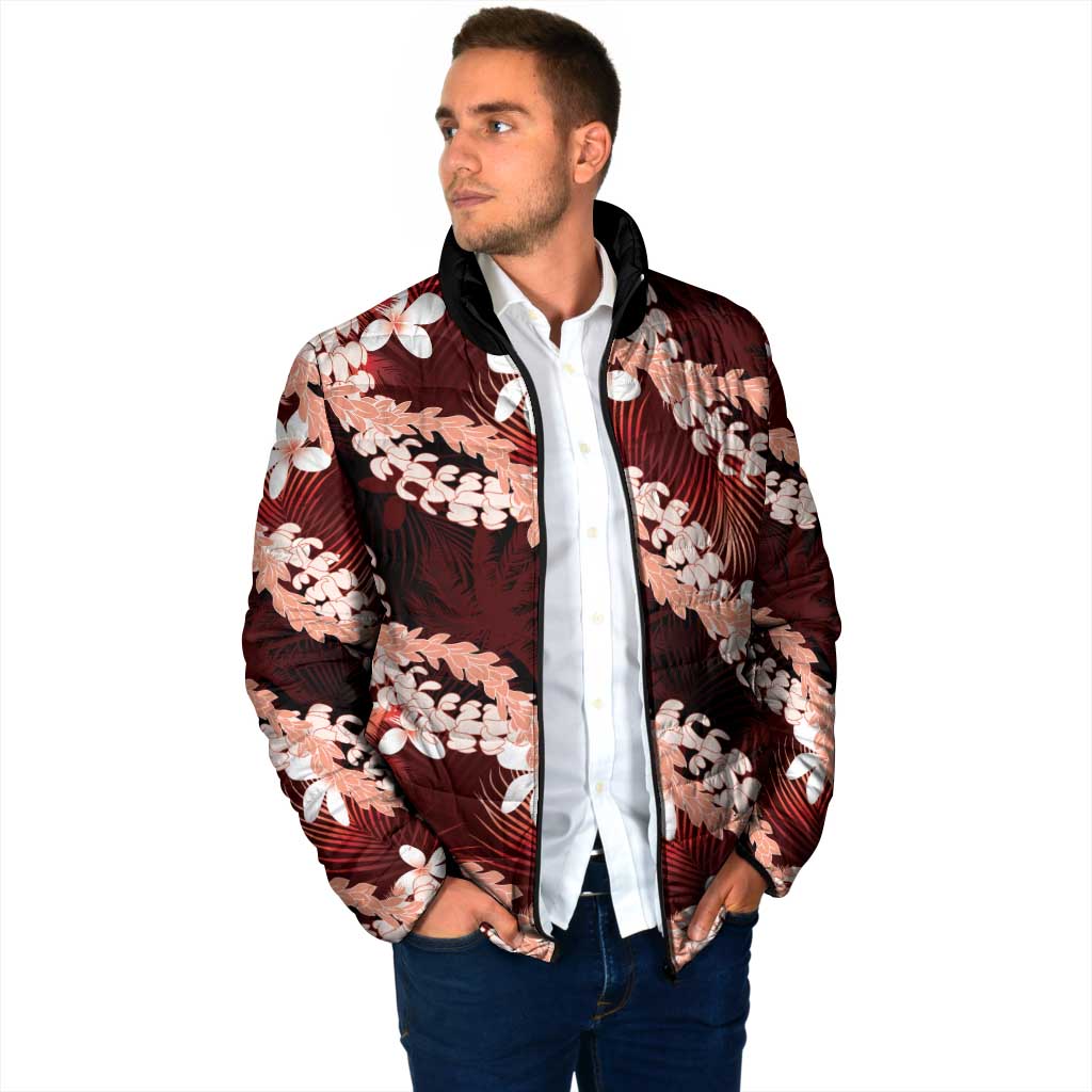 Puakenikeni Maile Lei Padded Jacket Frangipani Red Tropical Leaves