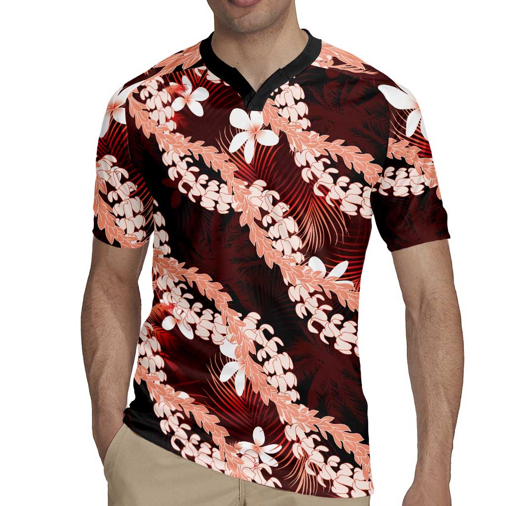Puakenikeni Maile Lei Rugby Jersey Frangipani Red Tropical Leaves