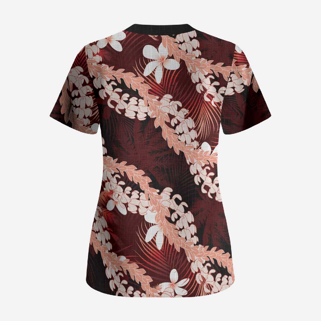 Puakenikeni Maile Lei Scrub Top Frangipani Red Tropical Leaves