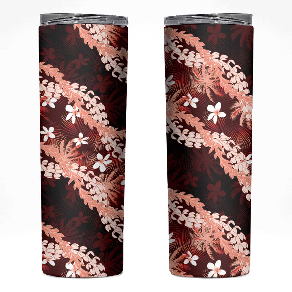 Puakenikeni Maile Lei Skinny Tumbler Frangipani Red Tropical Leaves
