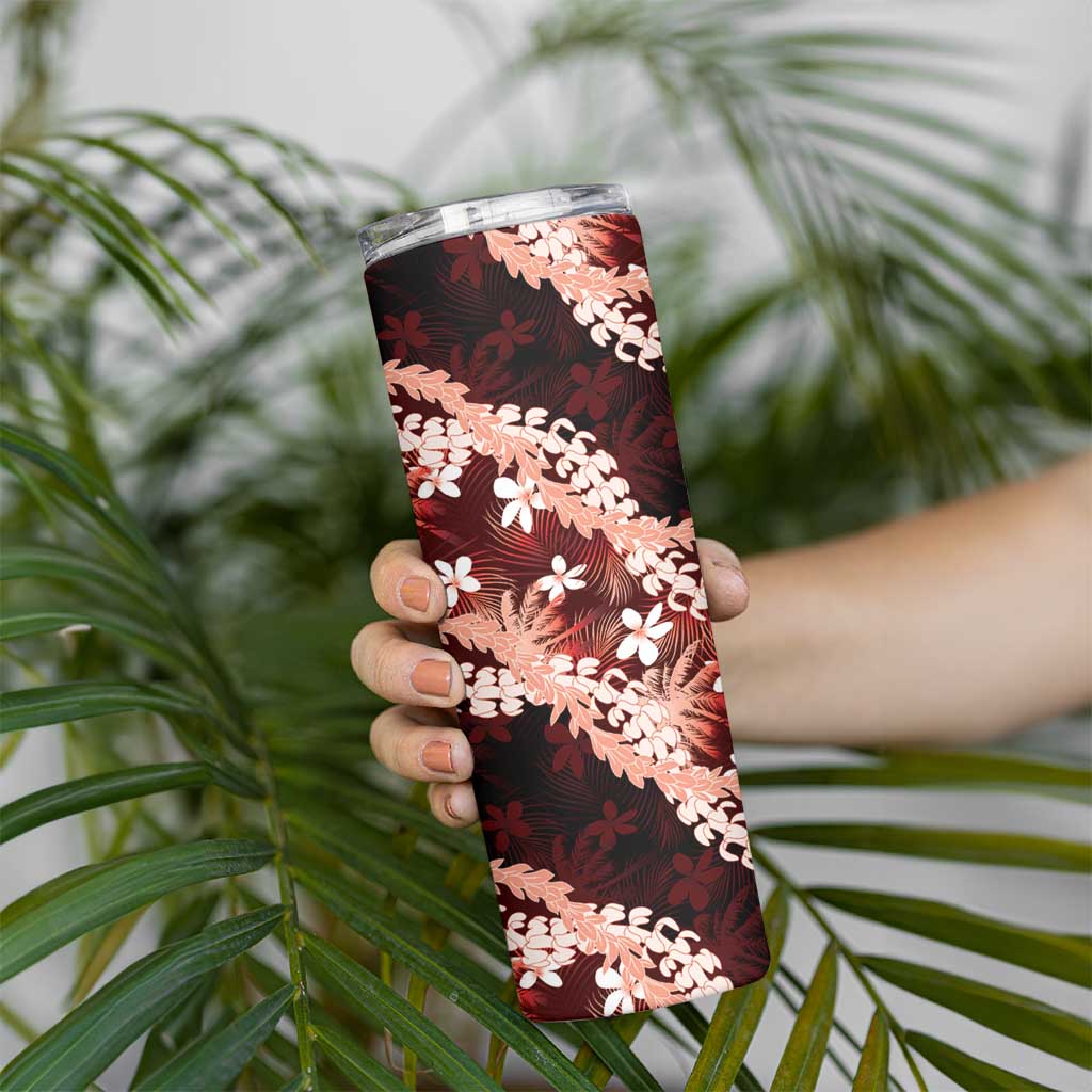 Puakenikeni Maile Lei Skinny Tumbler Frangipani Red Tropical Leaves
